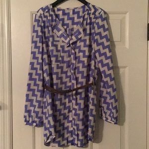 Blue and white chevron belted long sleeve top